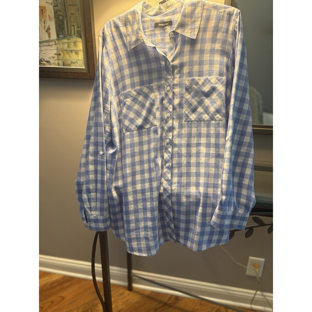 Relativety 100% Soft Cotton Womens 2X Blue & White Check Long Sleeve Comfort - Picture 7 of 11